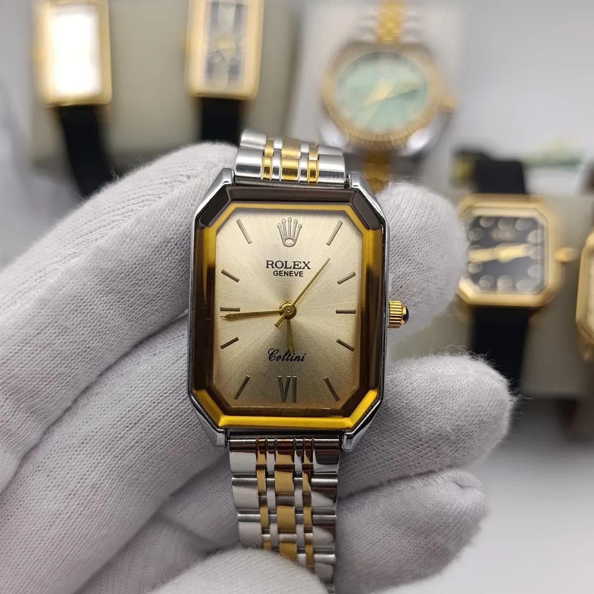 Montre Femme – Cadran Doré Biseauté & Bracelet Bicolore — 